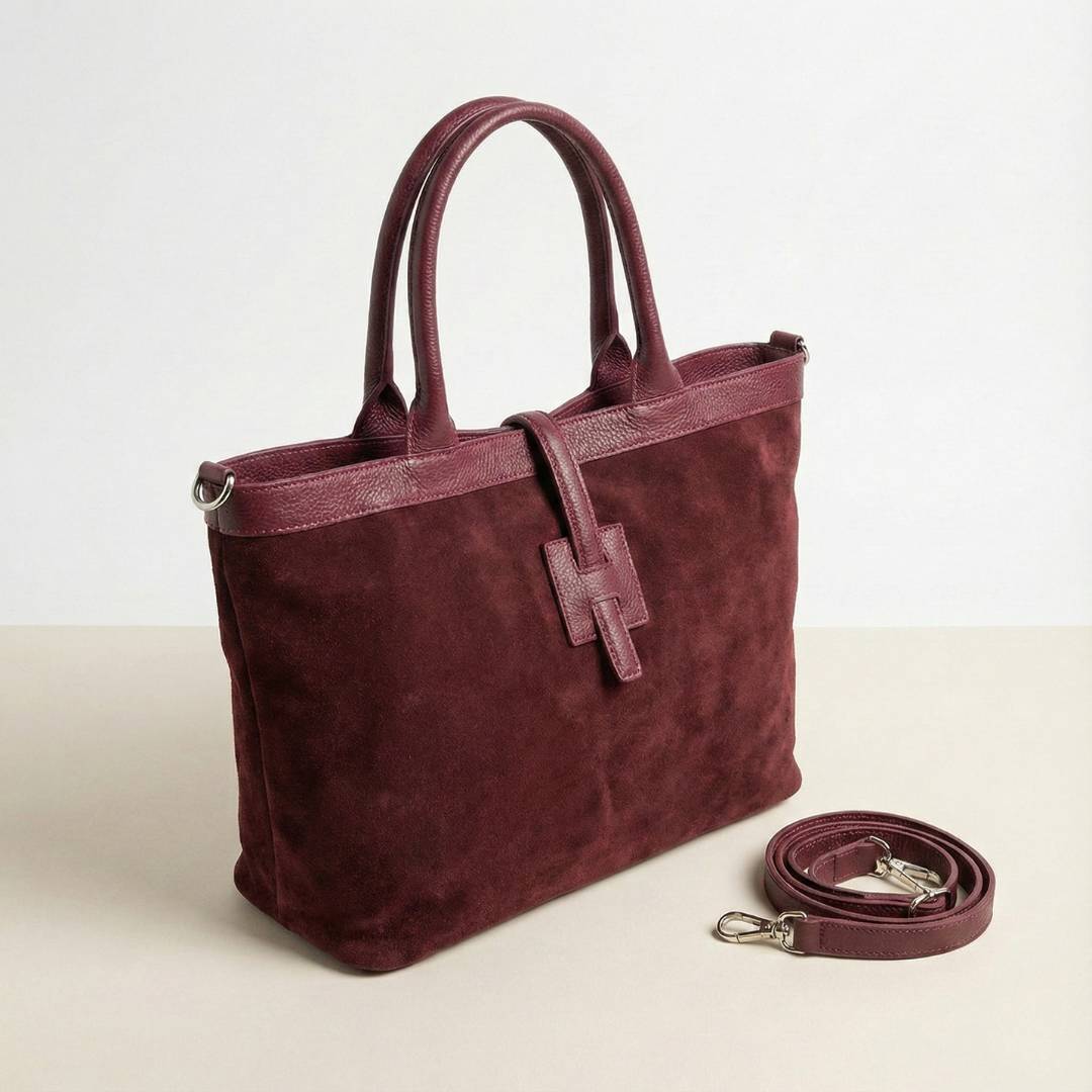 Sac Cabas en Cuir Daim Bordeaux – Fermeture Zippée & Bandoulière – Format Ville (33cm)