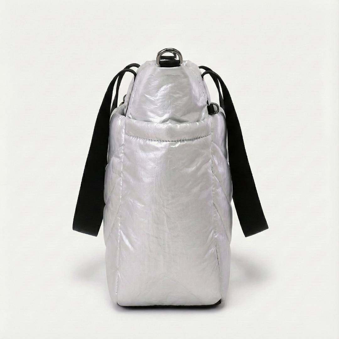 Sac à Main Femme Doudoune Argenté – Matelassé & Métallisé – Format 30cm