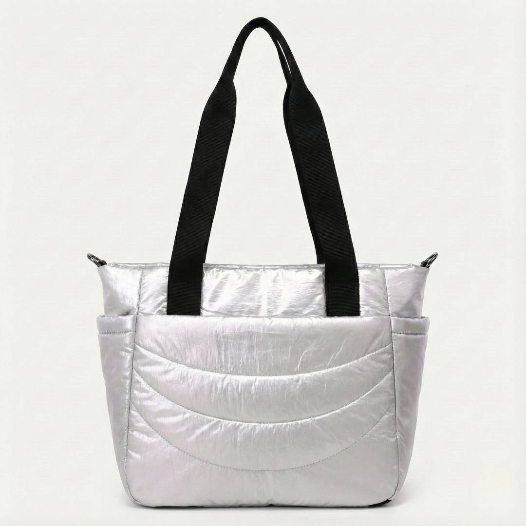 Sac à Main Femme Doudoune Argenté – Matelassé & Métallisé – Format 30cm