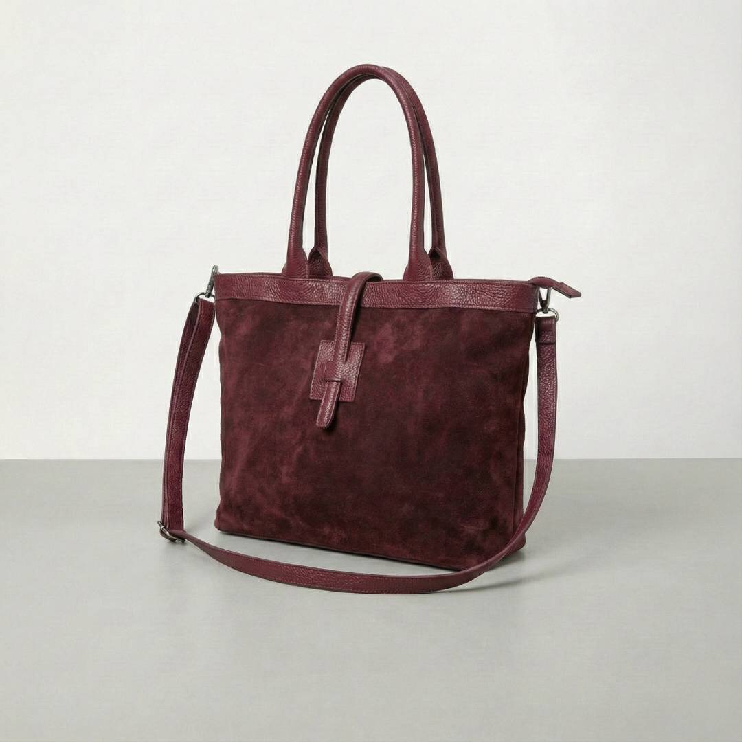 Sac Cabas en Cuir Daim Bordeaux – Fermeture Zippée & Bandoulière – Format Ville (33cm)