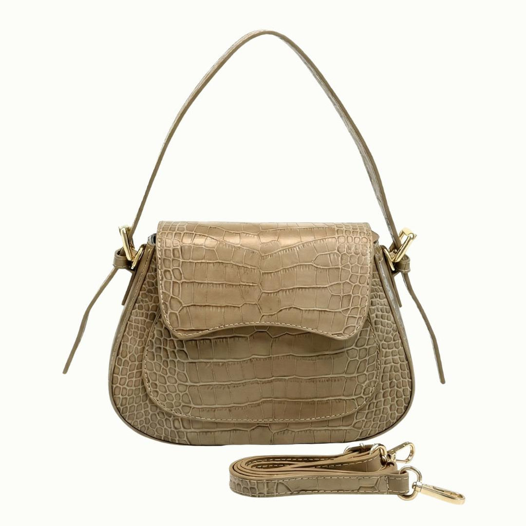 Sac à Main & Bandoulière Cuir Italien Façon Croco - Finition Louisiane & Or - Fabriqué en Italie