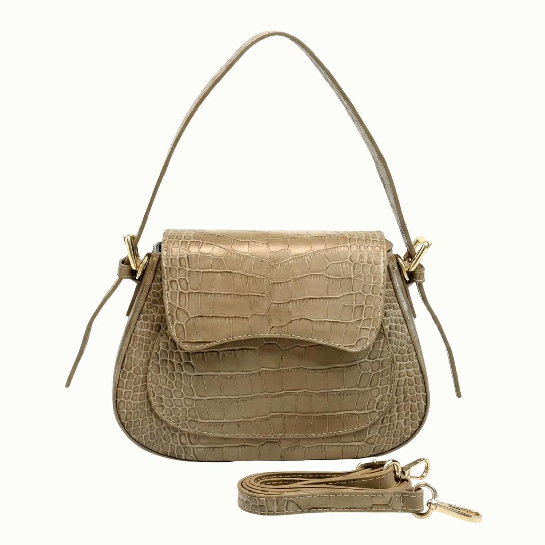 Sac à Main & Bandoulière Cuir Italien Façon Croco - Finition Louisiane & Or - Fabriqué en Italie