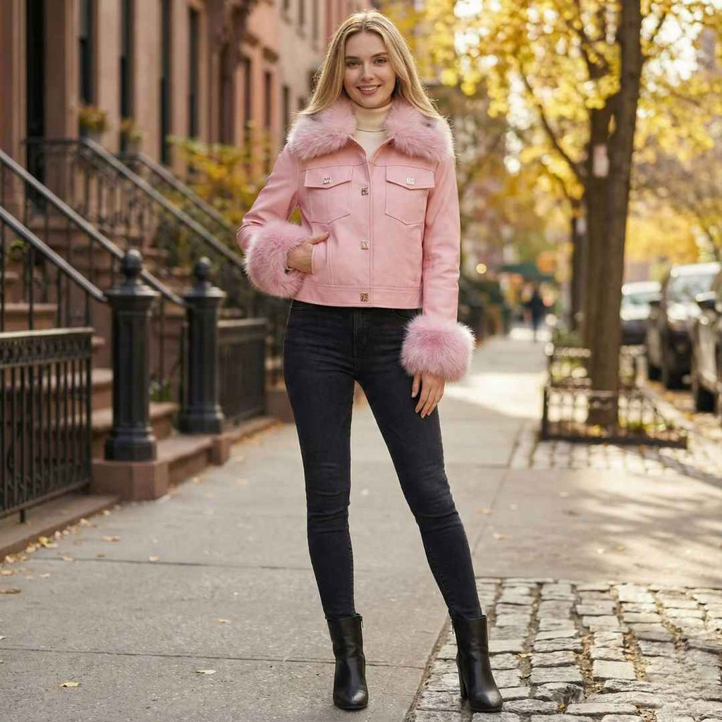Veste Courte à Col & Poignets Fourrure – Finition Lisse