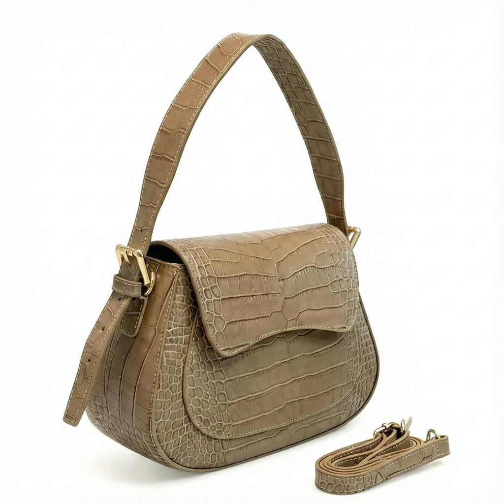 Sac à Main & Bandoulière Cuir Italien Façon Croco - Finition Louisiane & Or - Fabriqué en Italie