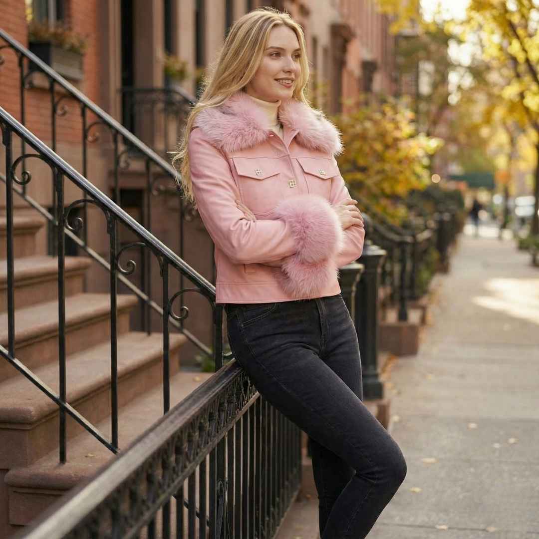 Veste Courte à Col & Poignets Fourrure – Finition Lisse