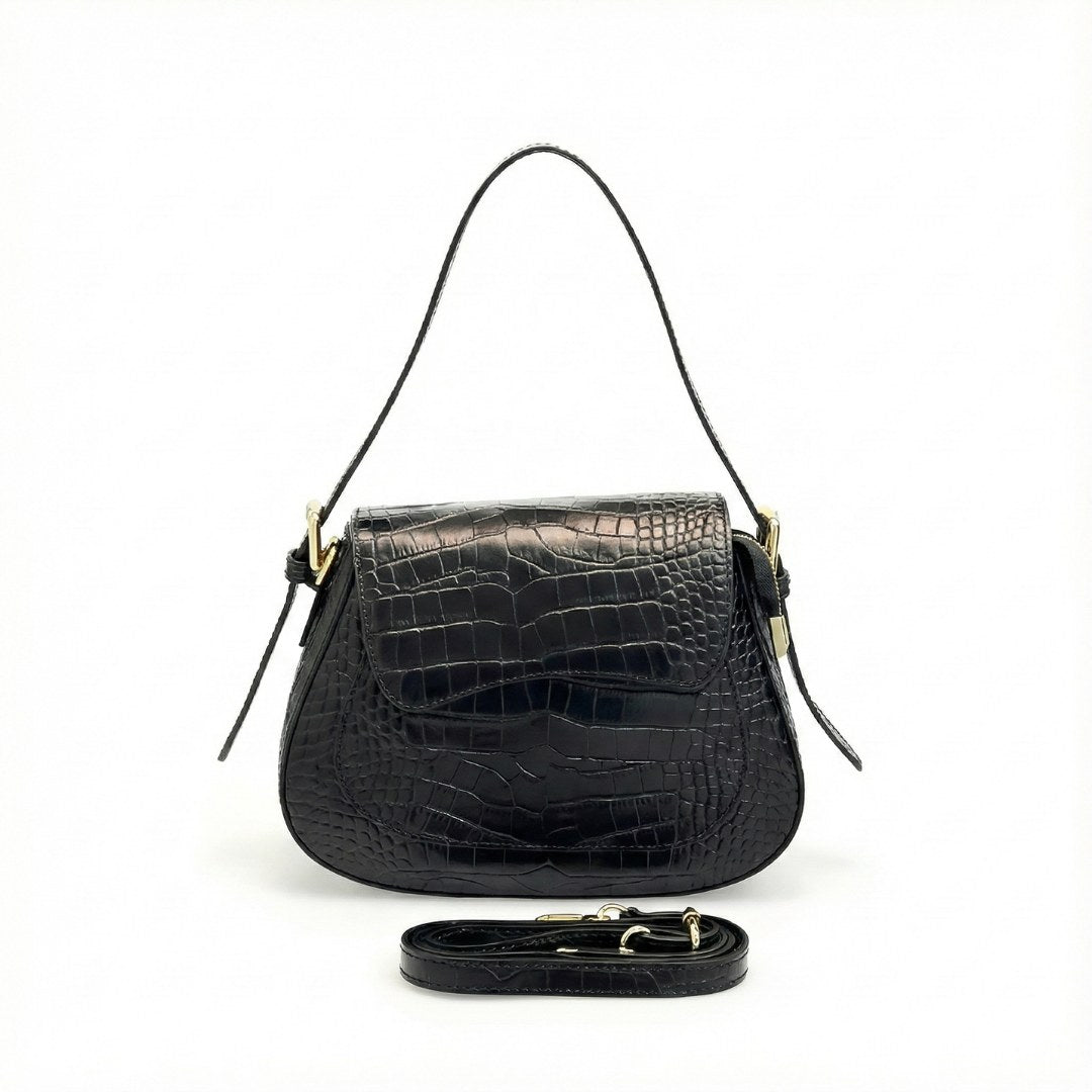 Sac à Main & Bandoulière Cuir Italien Façon Croco - Finition Louisiane & Or - Fabriqué en Italie