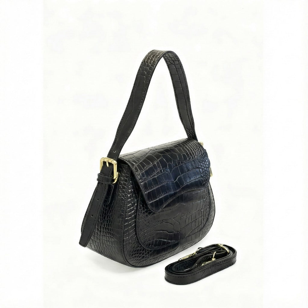 Sac à Main & Bandoulière Cuir Italien Façon Croco - Finition Louisiane & Or - Fabriqué en Italie