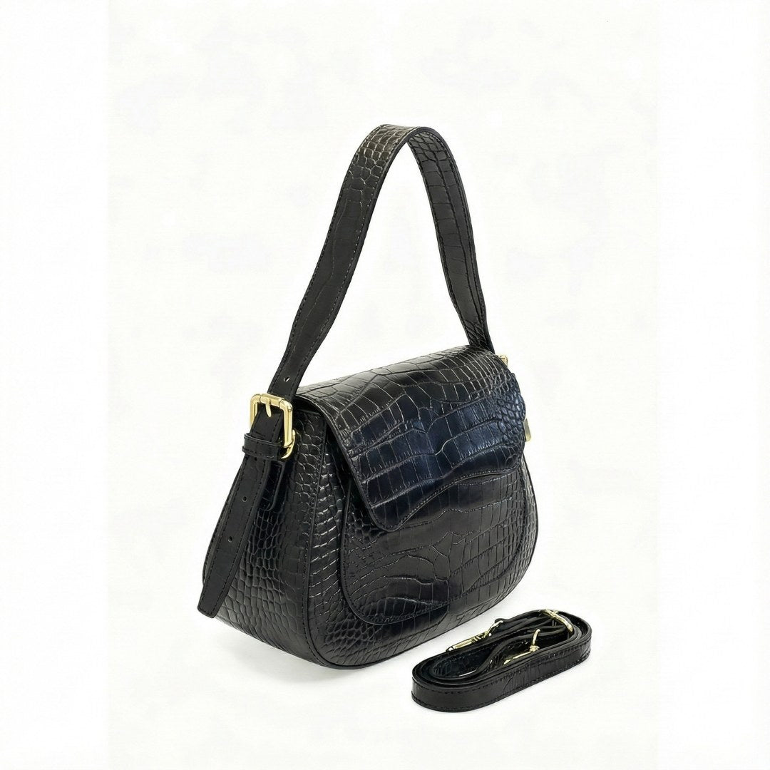 Sac à Main & Bandoulière Cuir Italien Façon Croco - Finition Louisiane & Or - Fabriqué en Italie