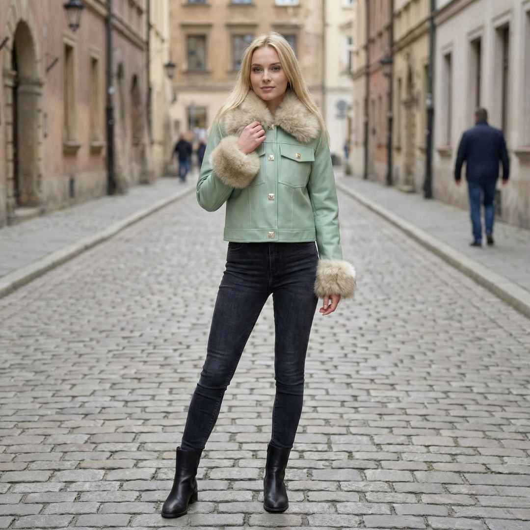 Veste Courte à Col & Poignets Fourrure – Finition Lisse