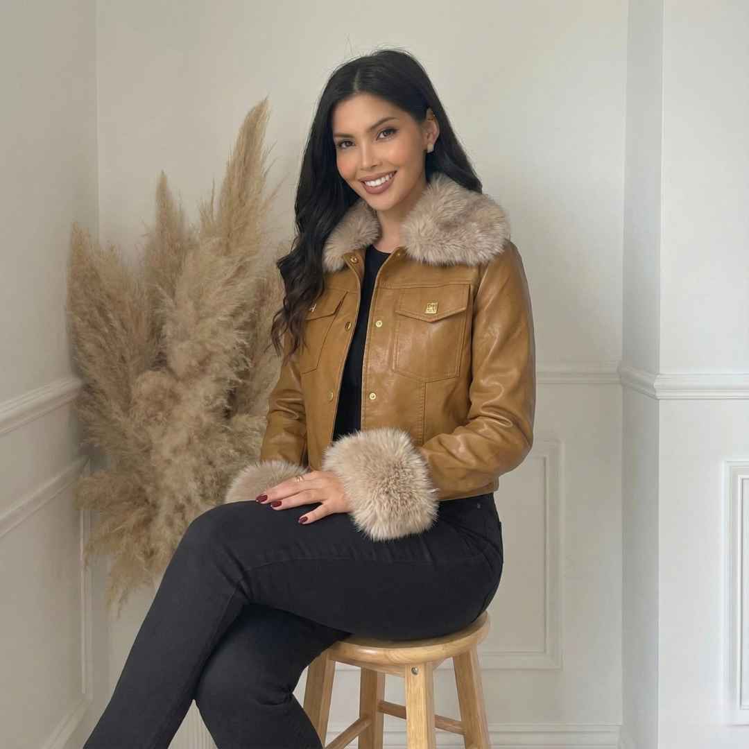 Veste Courte à Col & Poignets Fourrure – Finition Lisse