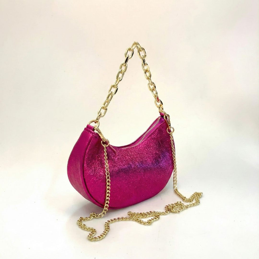 Petit Sac à Main Demi-Lune en Cuir Suède Laminé - Effet Métallisé & Chaîne Or - Fabriqué en Italie