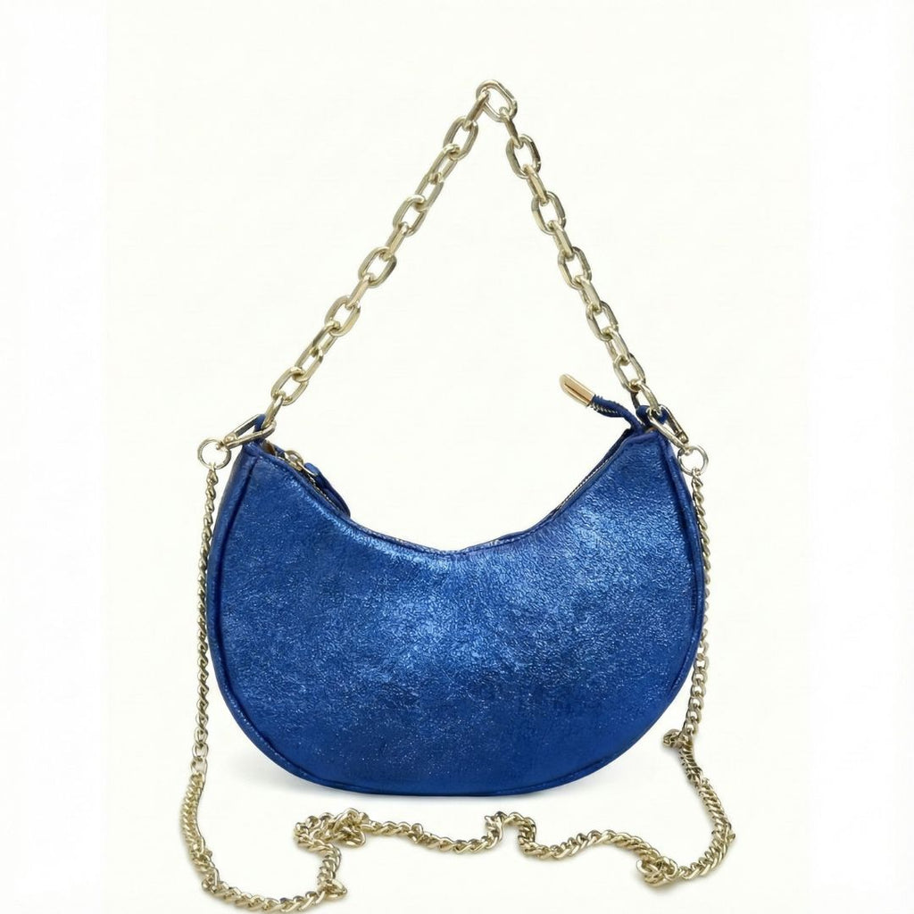 Petit Sac à Main Demi-Lune en Cuir Suède Laminé - Effet Métallisé & Chaîne Or - Fabriqué en Italie