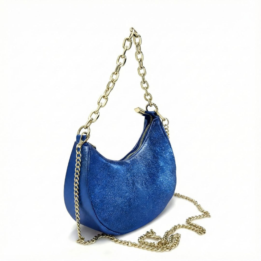 Petit Sac à Main Demi-Lune en Cuir Suède Laminé - Effet Métallisé & Chaîne Or - Fabriqué en Italie