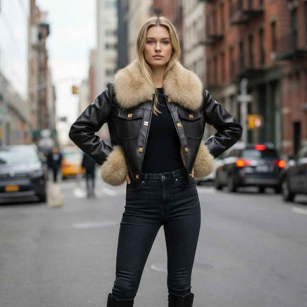 Veste Courte à Col & Poignets Fourrure – Finition Lisse