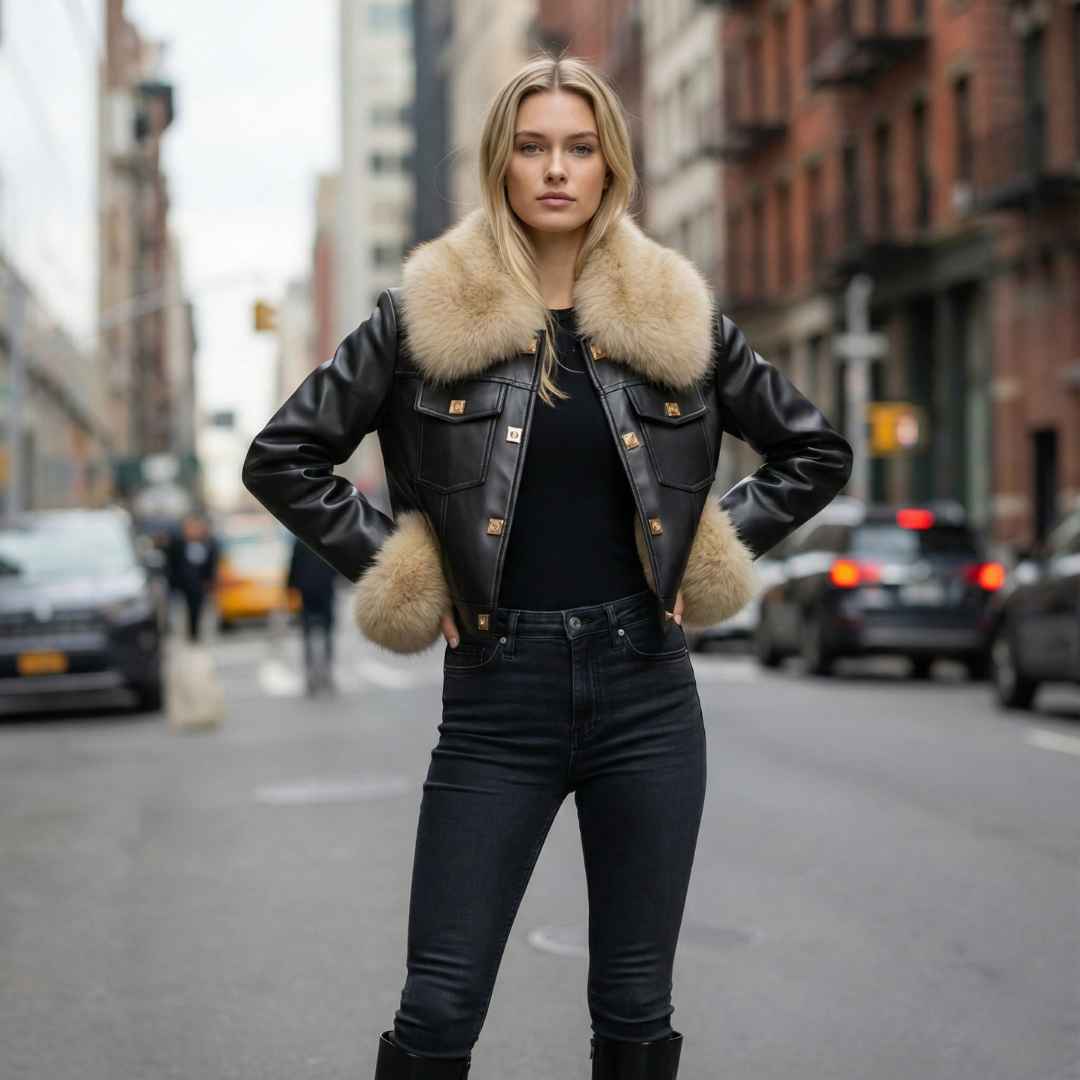 Veste Courte à Col & Poignets Fourrure – Finition Lisse
