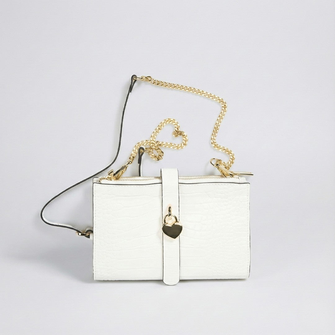 Sac Bandoulière Cuir Italien Façon Croco & Suède - Fermoir Cadenas Cœur Doré - Fabriqué en Italie