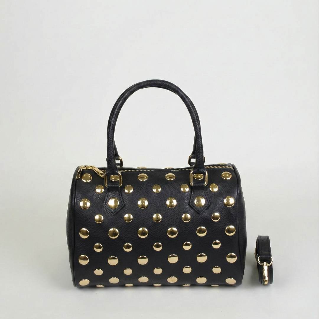 Sac Polochon en Cuir Italien Grainé à Clous Dorés – Style Rock Chic