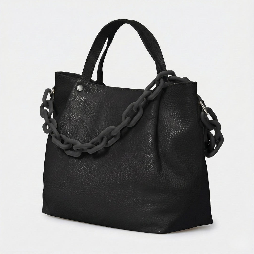 Sac à Main en Cuir Grainé Italien - Bandoulière Chaîne Design & Zip - Fabriqué en Italie