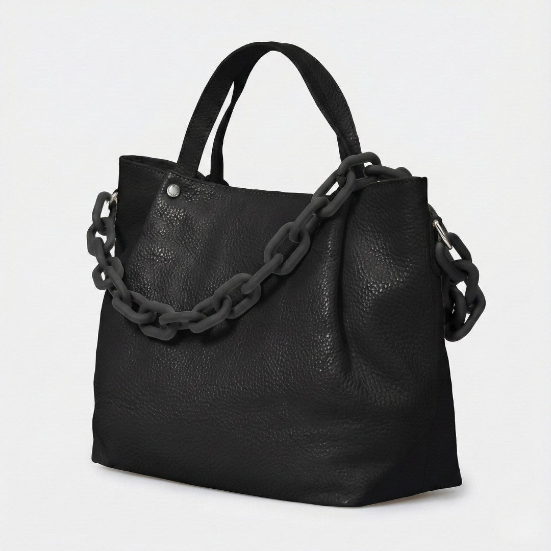 Sac à Main en Cuir Grainé Italien - Bandoulière Chaîne Design & Zip - Fabriqué en Italie