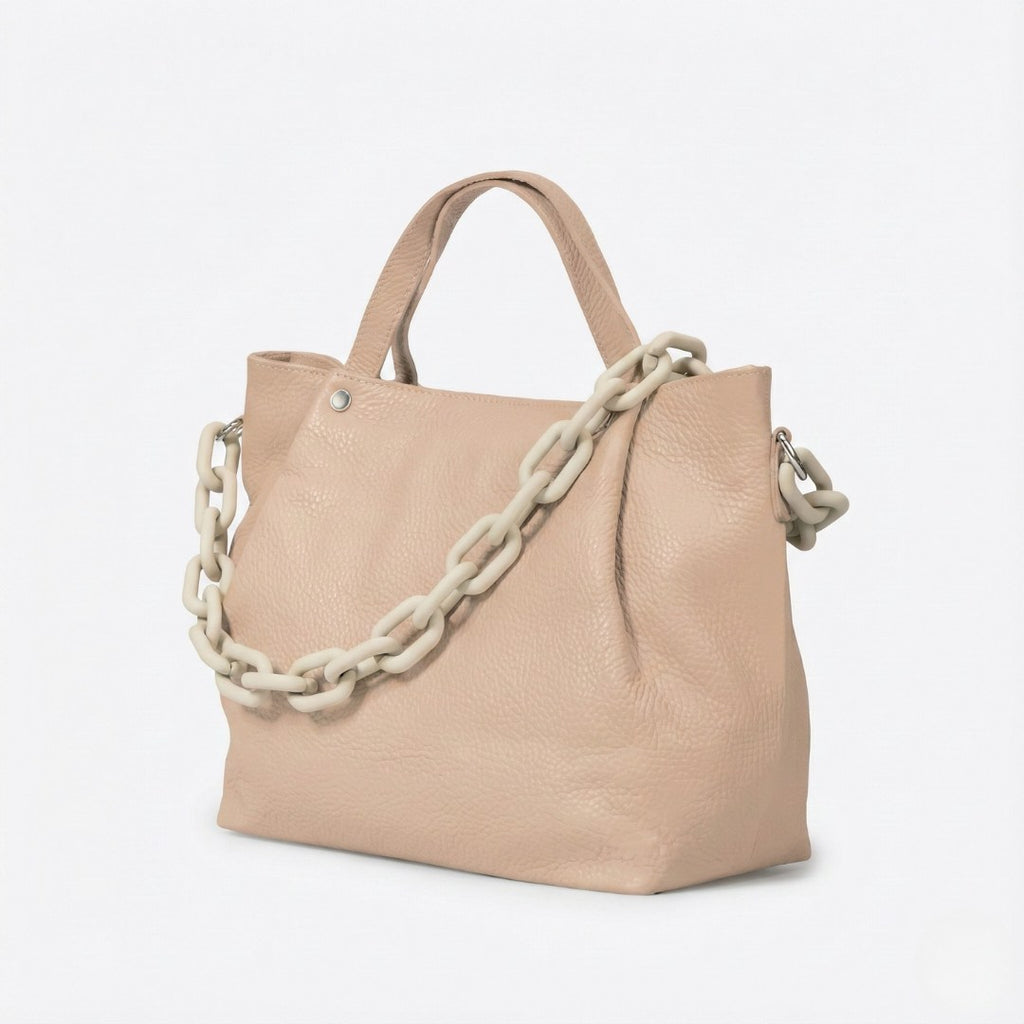 Sac à Main en Cuir Grainé Italien - Bandoulière Chaîne Design & Zip - Fabriqué en Italie