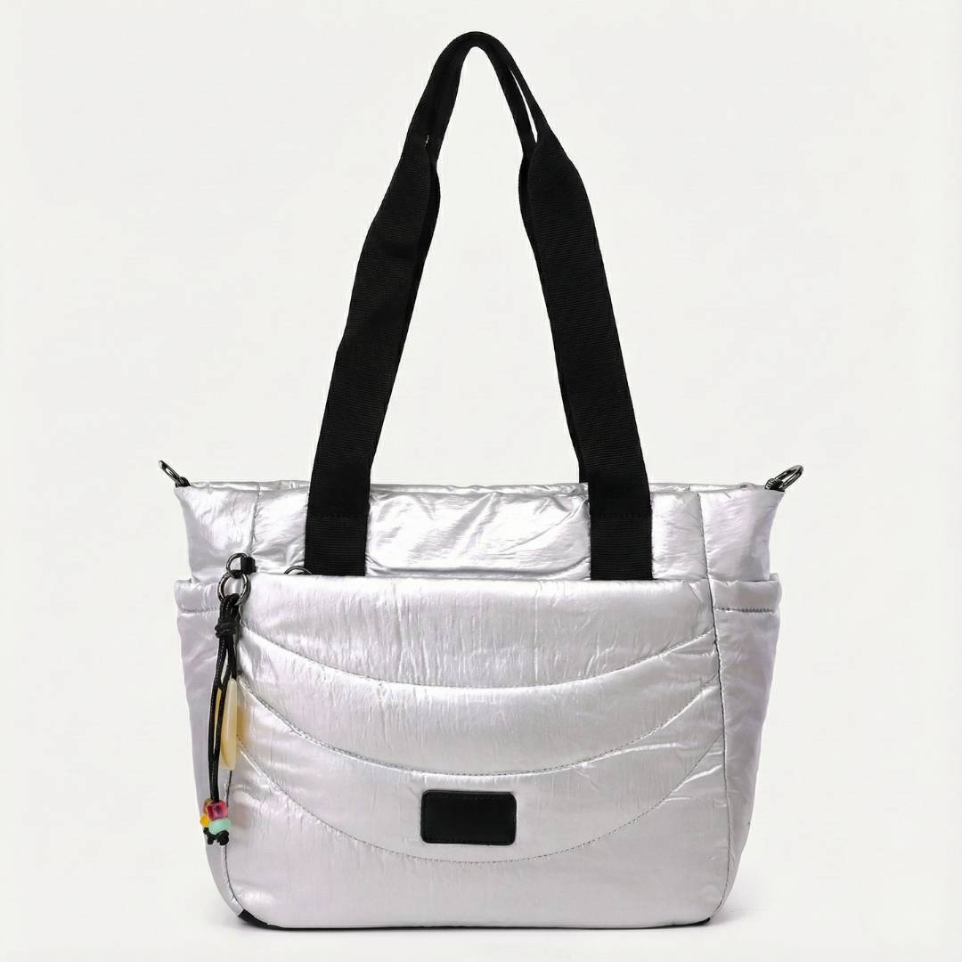 Sac à Main Femme Doudoune Argenté – Matelassé & Métallisé – Format 30cm