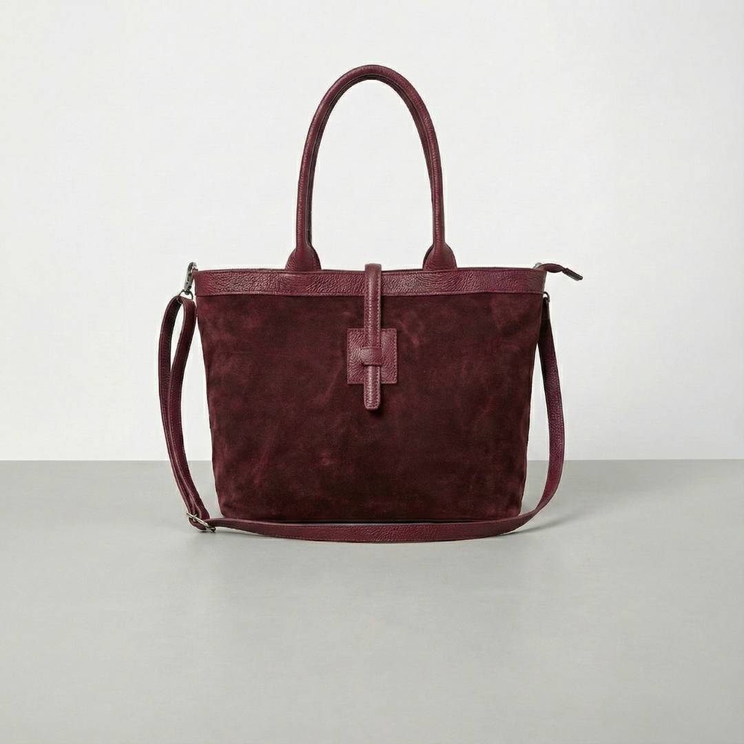 Sac Cabas en Cuir Daim Bordeaux – Fermeture Zippée & Bandoulière – Format Ville (33cm)