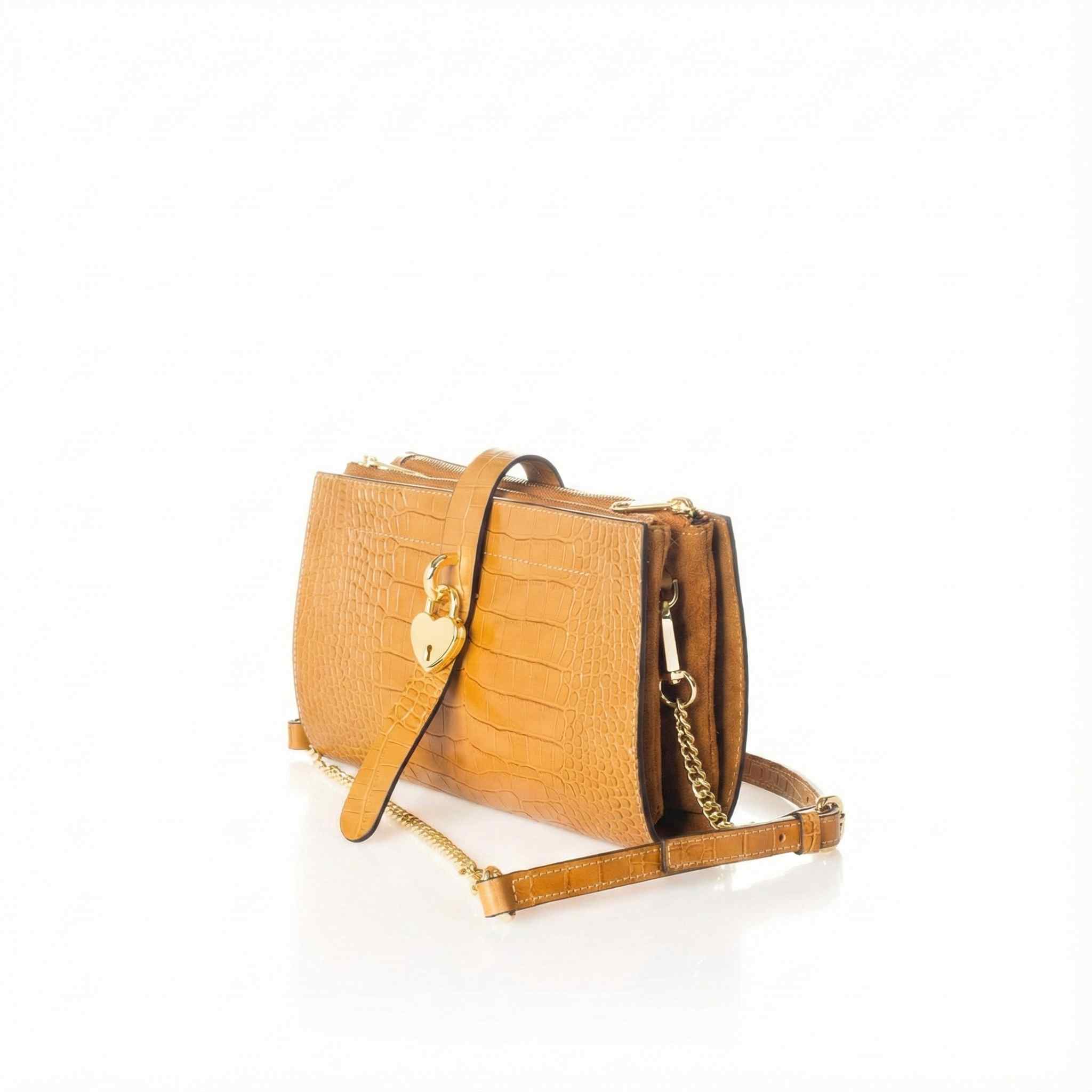 Sac Bandoulière Cuir Italien Façon Croco & Suède - Fermoir Cadenas Cœur Doré - Fabriqué en Italie