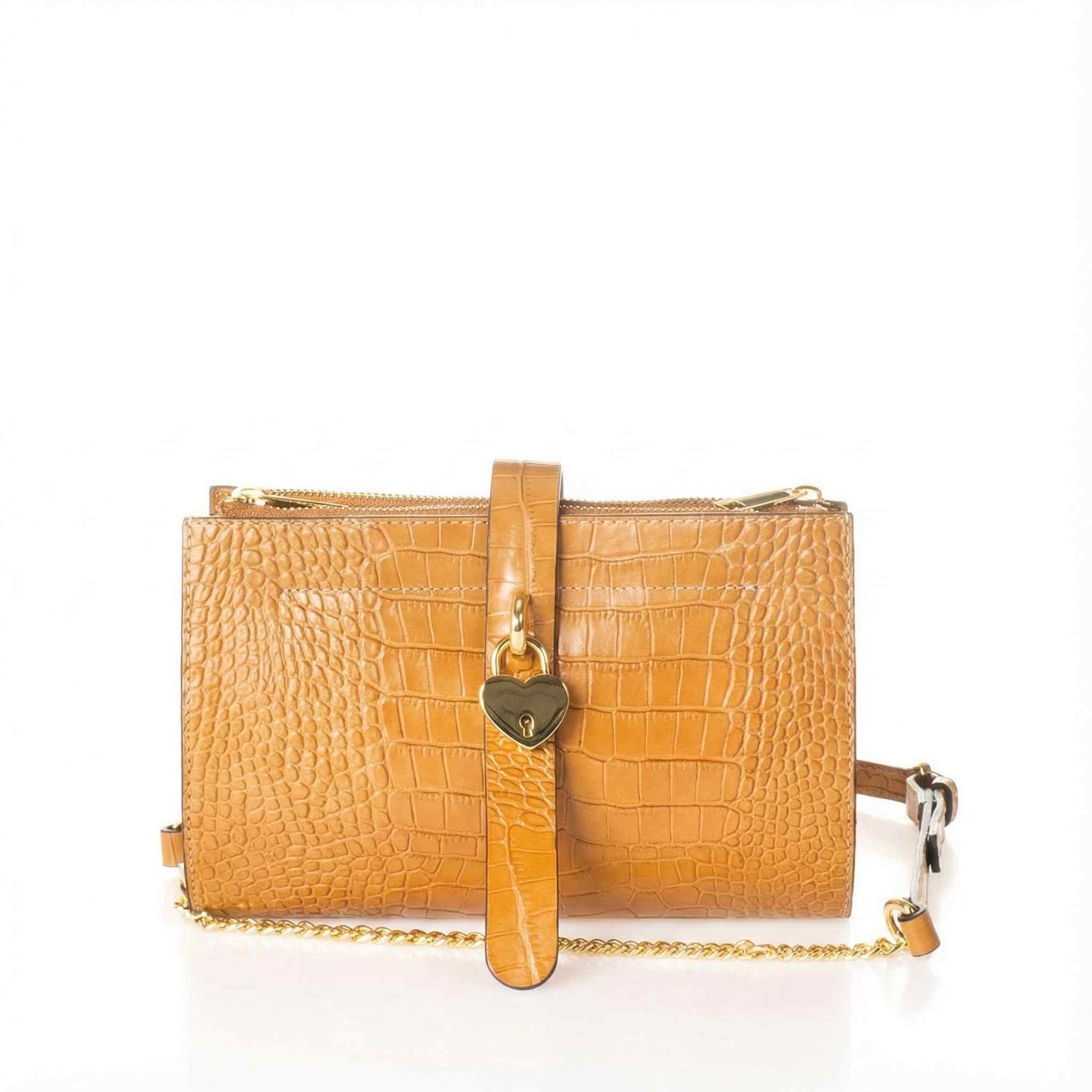 Sac Bandoulière Cuir Italien Façon Croco & Suède - Fermoir Cadenas Cœur Doré - Fabriqué en Italie