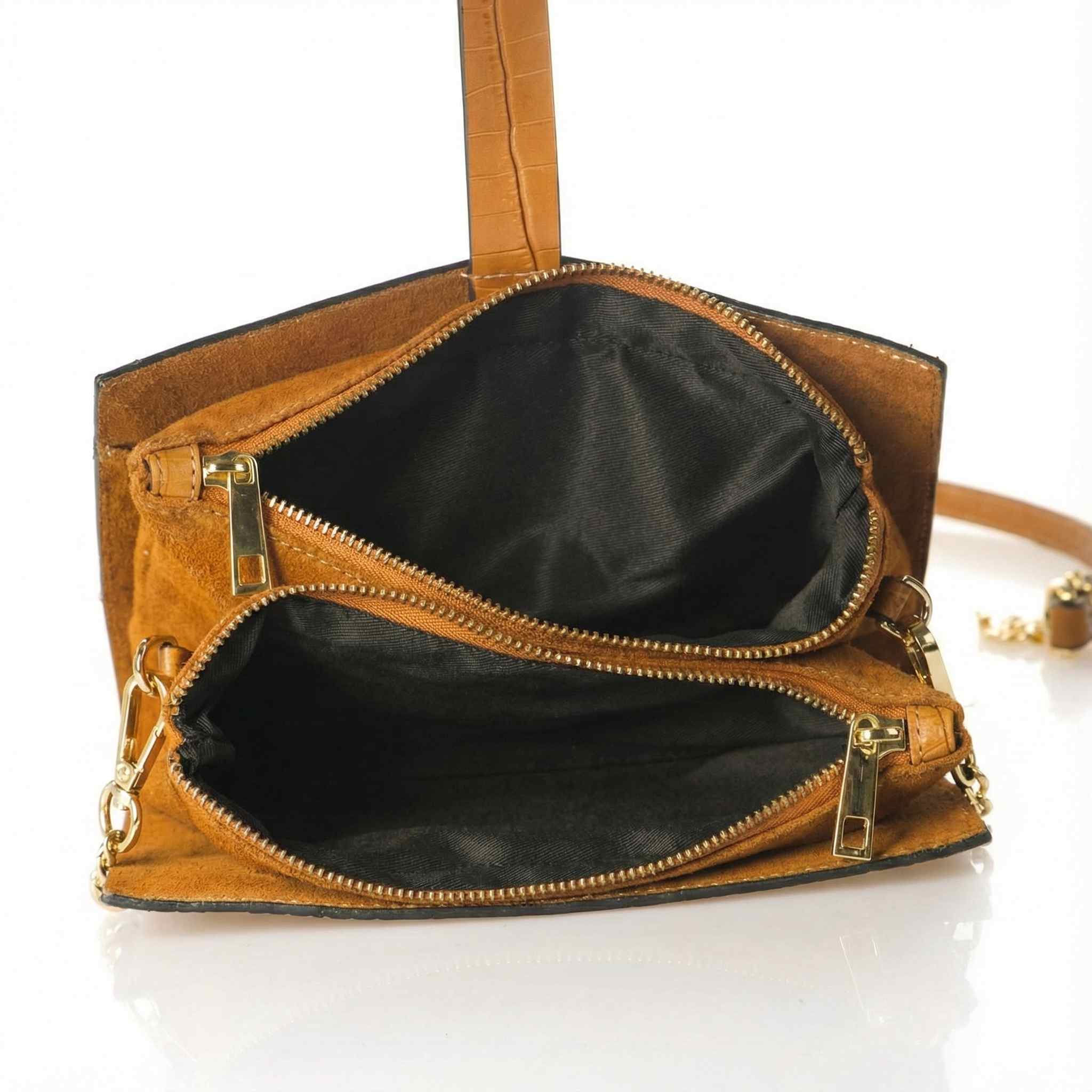 Sac Bandoulière Cuir Italien Façon Croco & Suède - Fermoir Cadenas Cœur Doré - Fabriqué en Italie