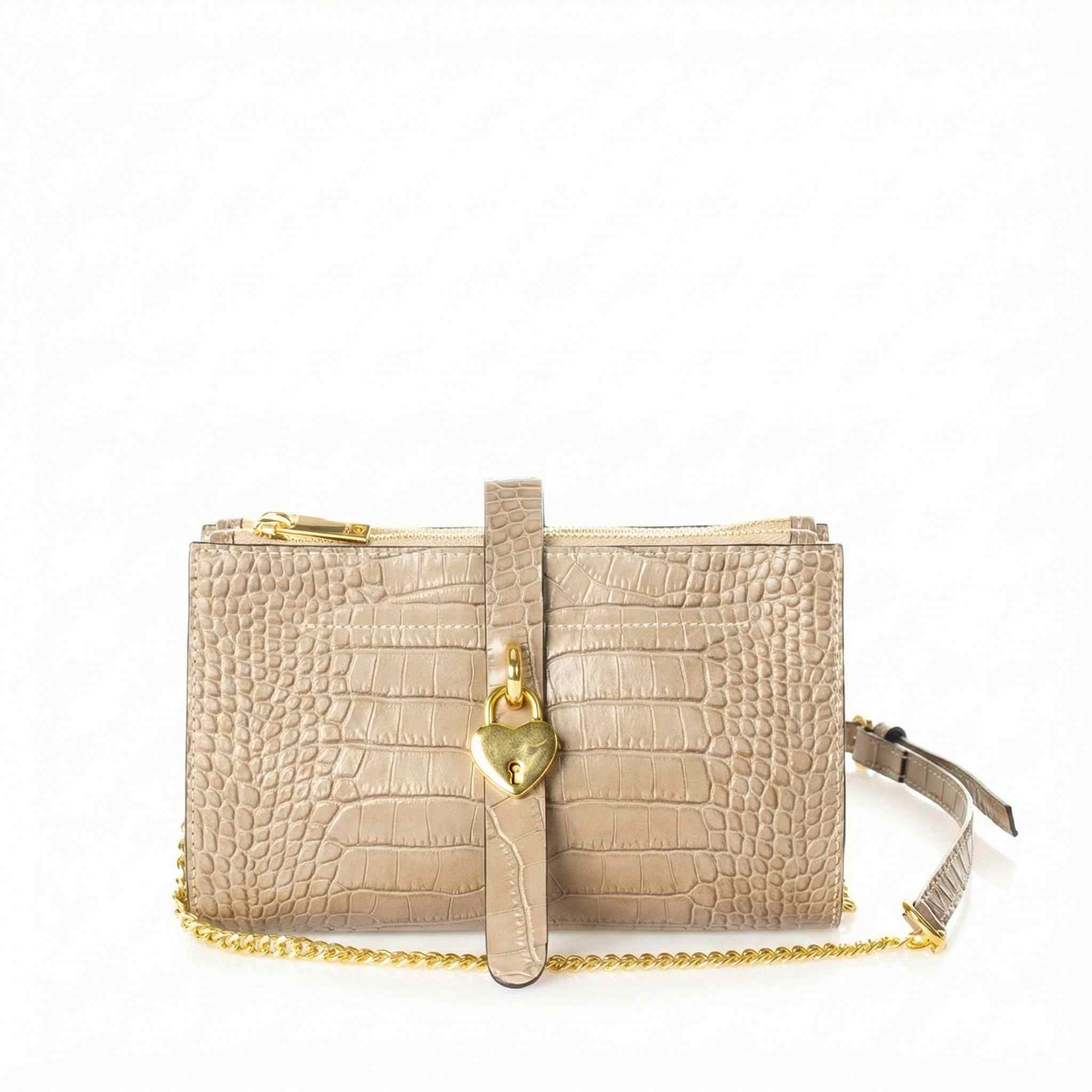 Sac Bandoulière Cuir Italien Façon Croco & Suède - Fermoir Cadenas Cœur Doré - Fabriqué en Italie