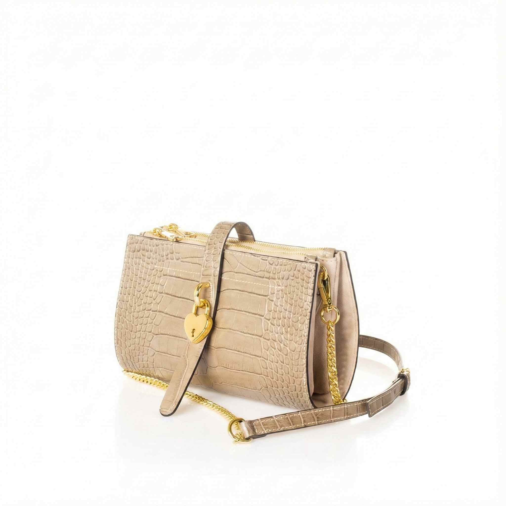 Sac Bandoulière Cuir Italien Façon Croco & Suède - Fermoir Cadenas Cœur Doré - Fabriqué en Italie